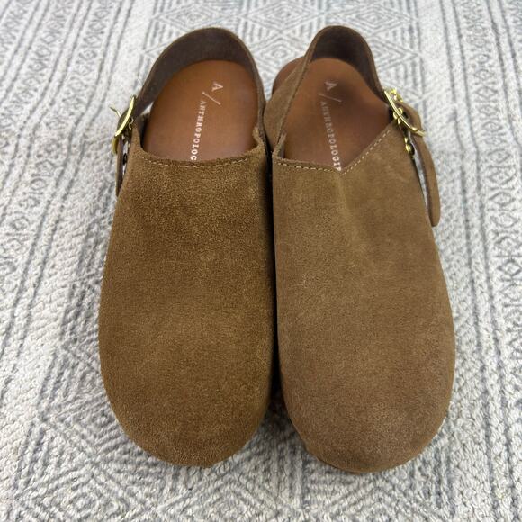 Anthropologie Brown Suede Wooden Platform Clog Sandals, Adjustable Buckle Strap - Picture 4 of 10